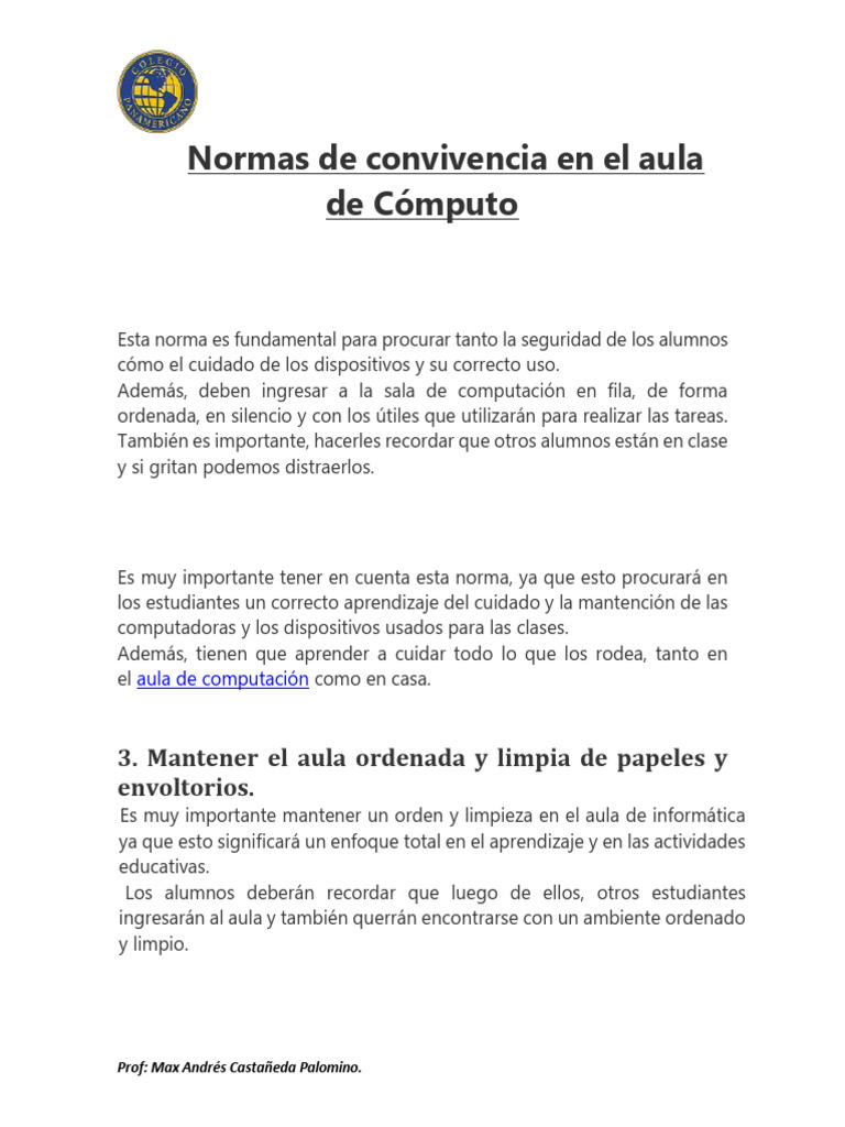 Normas de convivencia en aula de cómputo | PDF | Salón de clases | Maestros
