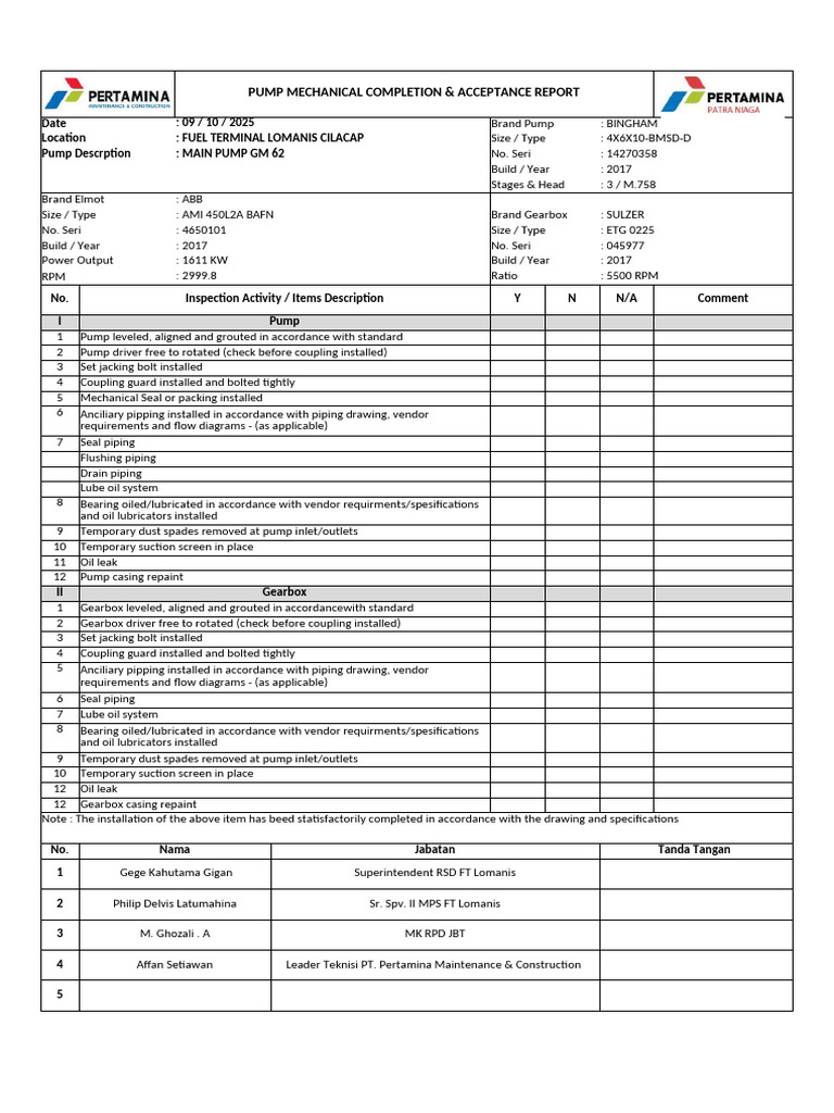 Pump Completion & Acceptance Report | PDF | Pump | Manufactured Goods