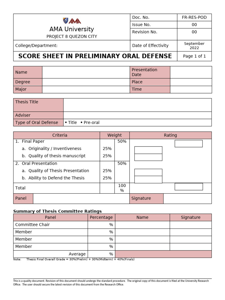 Preliminary Oral Defense Score Sheet | PDF | Thesis | Written Communication