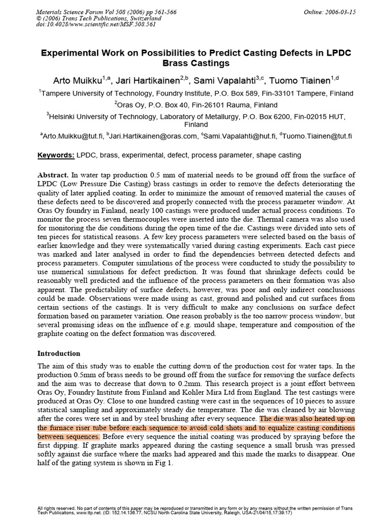 Predicting Defects in LPDC Brass Castings | PDF | Foundry | Materials