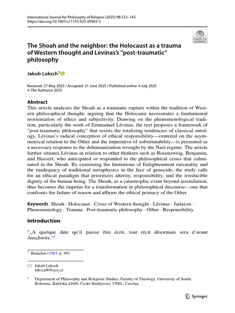 Holocaust Trauma and Lévinas' Ethics | PDF | Western Philosophy | Science