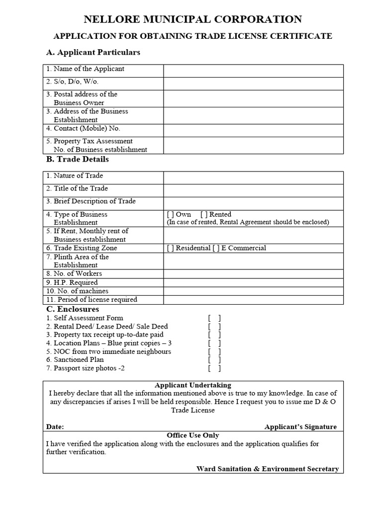 Nellore Trade License Application Form | PDF