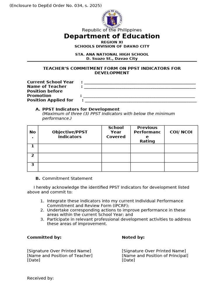 Teacher Commitment Form for PPST Indicators | PDF | Chess | Chess Theory