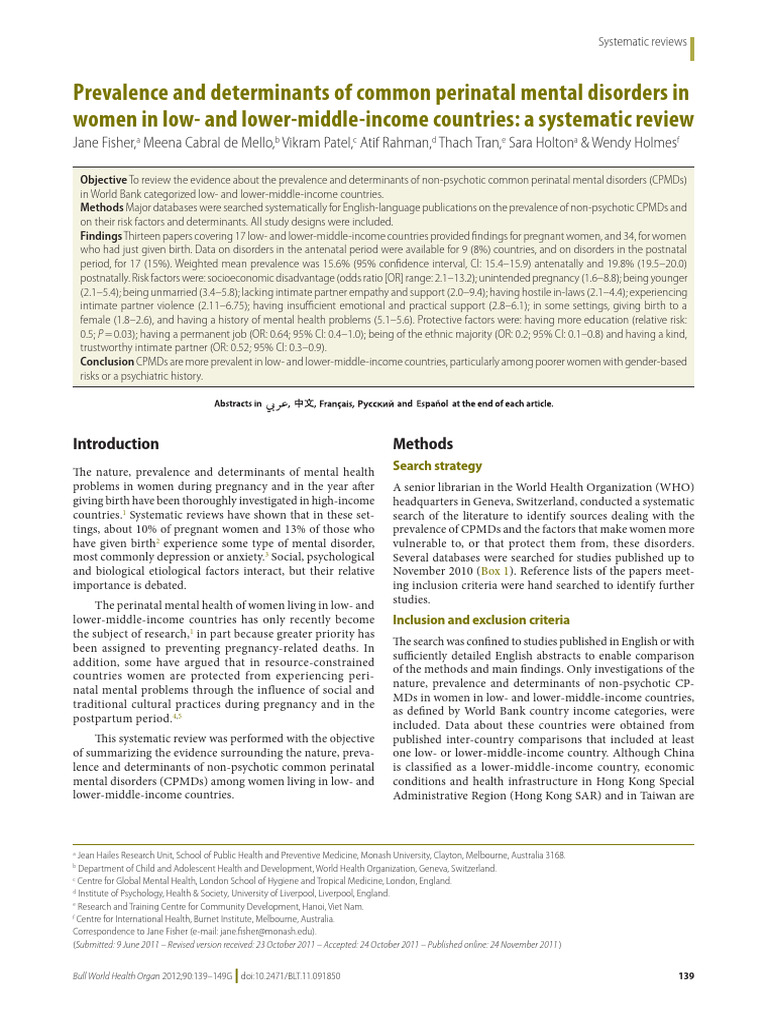 WHO Bulletin Perinatal Mental Disorders Systematic Review | PDF ...