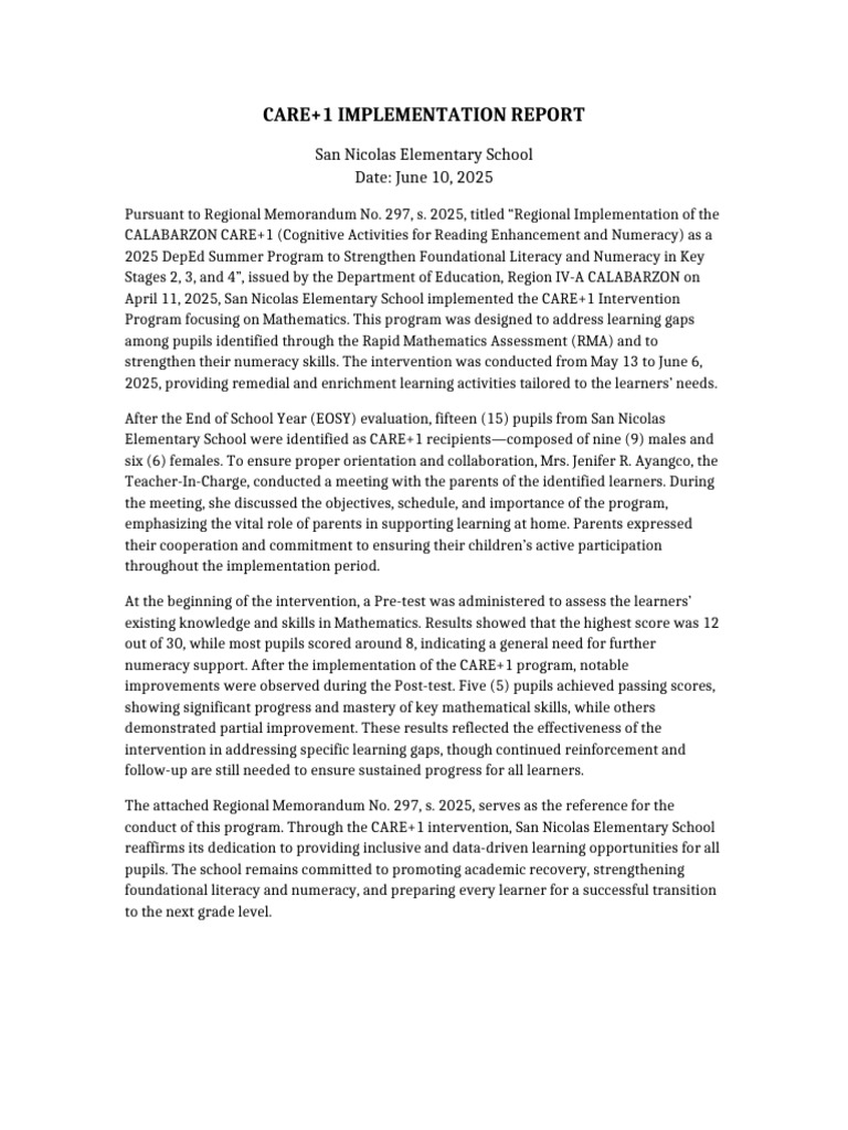 CARE+1 Program Implementation Report | PDF | Learning | Literacy