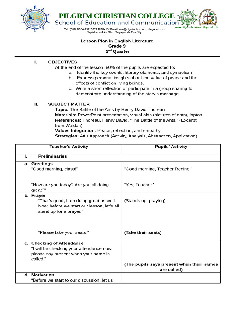 Lesson Plan in English Grade 9 | PDF | Walden | Lesson Plan