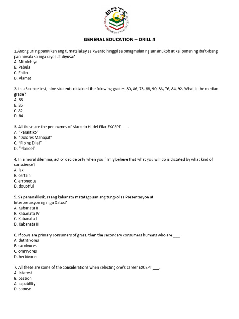 General Education Drill 4 Questions | PDF