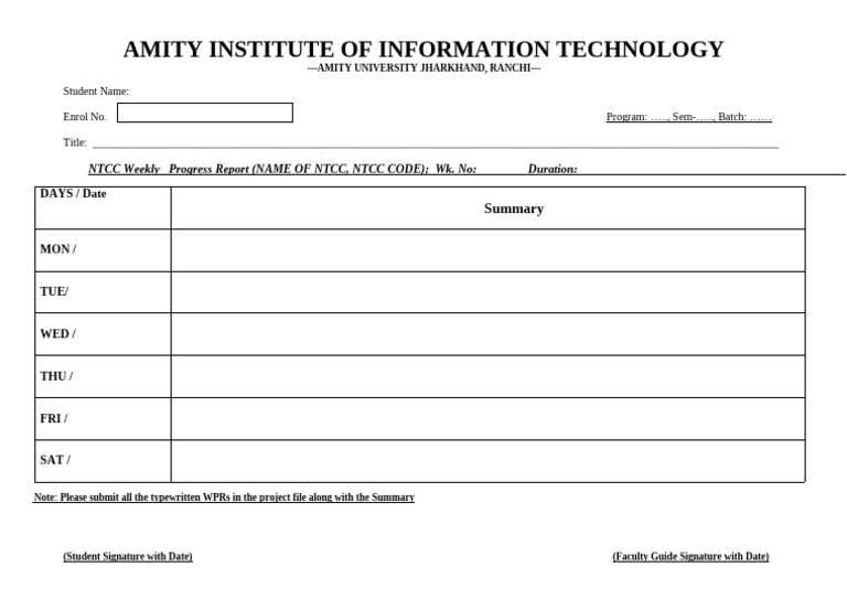 NTCC Weekly Progress Report Template | PDF