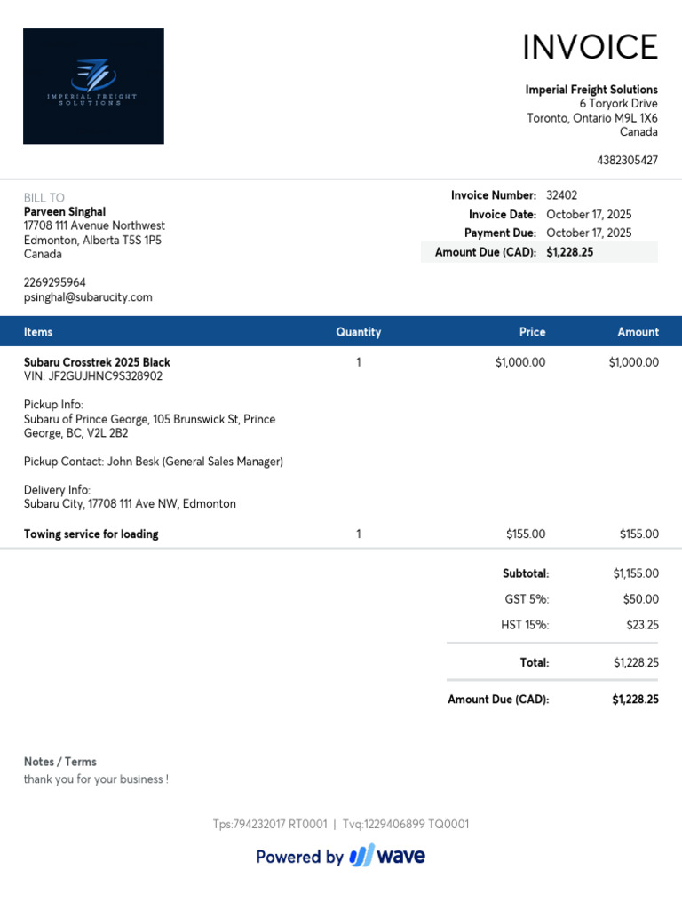 Invoice for Subaru Crosstrek Purchase | PDF
