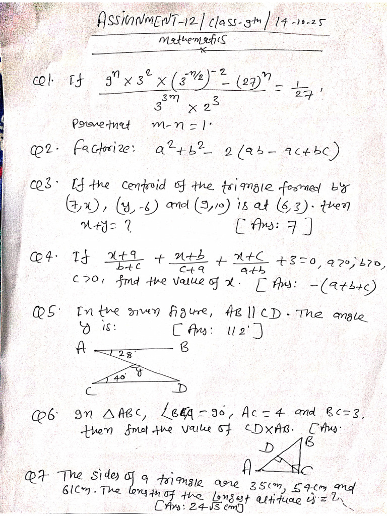 Assignment 12 - Class 9th - Mathematics 14 Oct 2025 4-02 PM | PDF