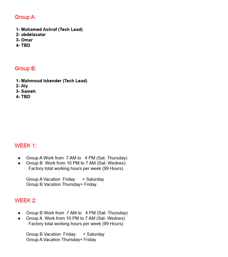 Weekly Work Schedule for Groups A & B | PDF