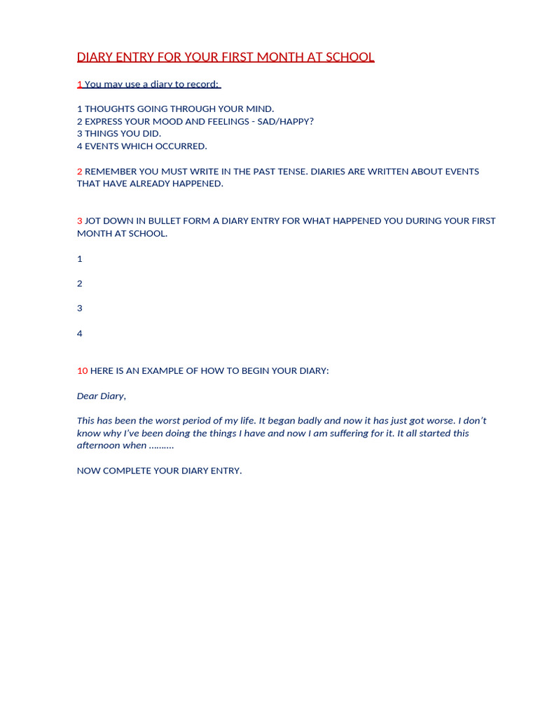 First Month School Diary Entry Guide | PDF