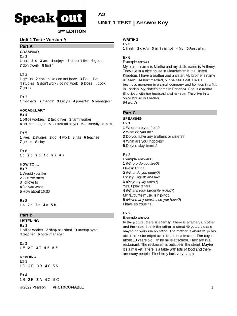 A2 Unit 1 Test Answer Key | PDF