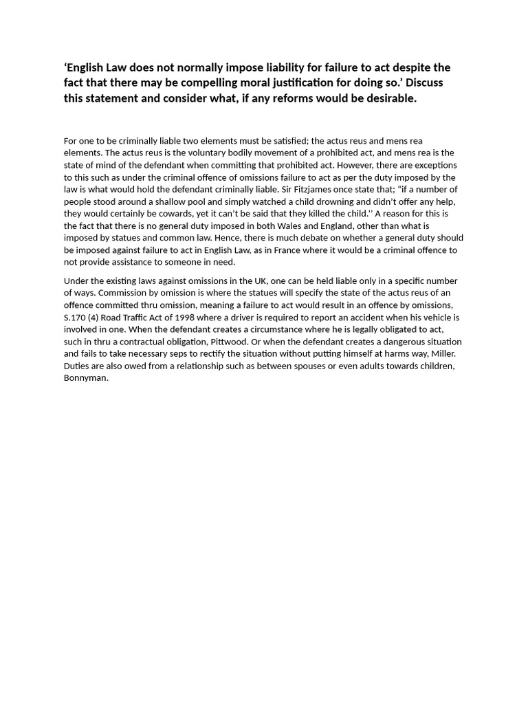 English Law Does Not Normally Impose Liability For Failure To Act ...