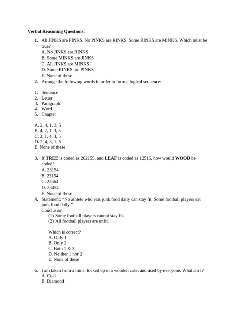 Verbal Reasoning Practice Questions | PDF | Zoology