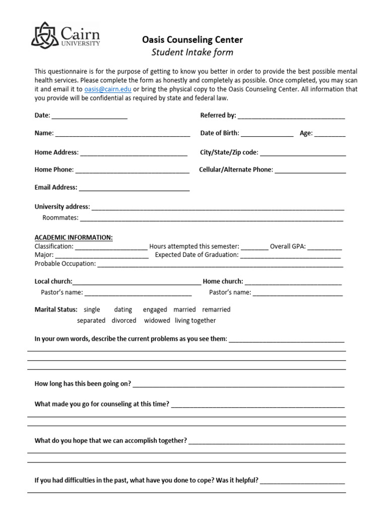Oasis Counseling Student Intake Form | PDF | Feeling | Substance Abuse