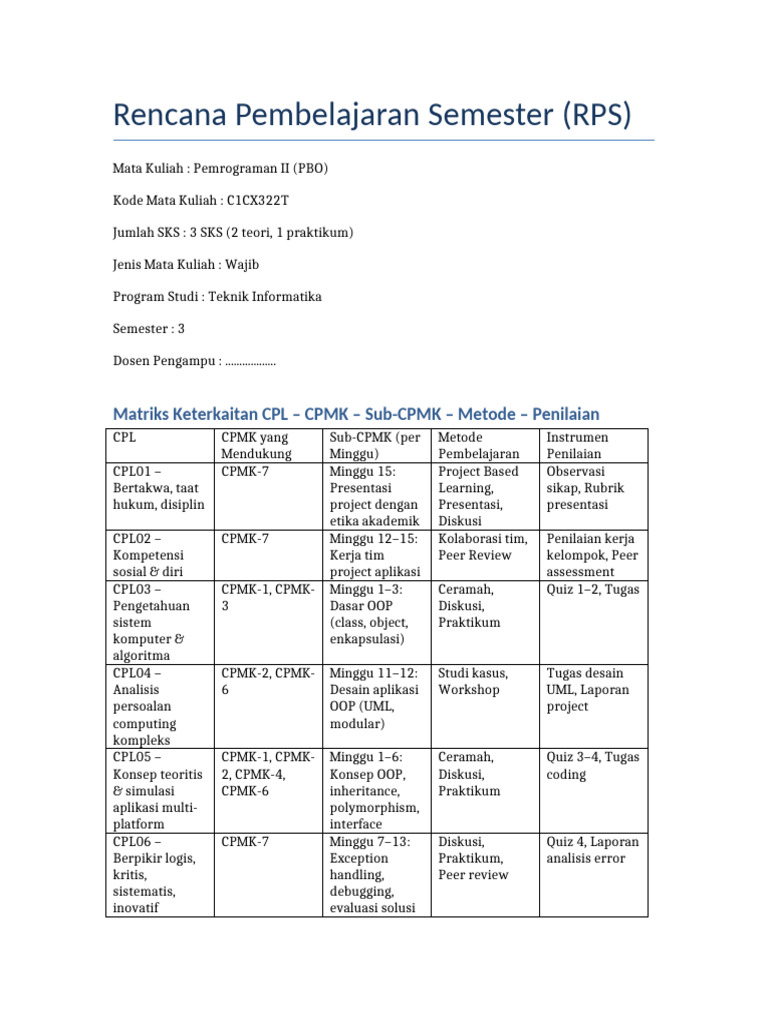 RPS Pemrograman II Teknik Informatika | PDF