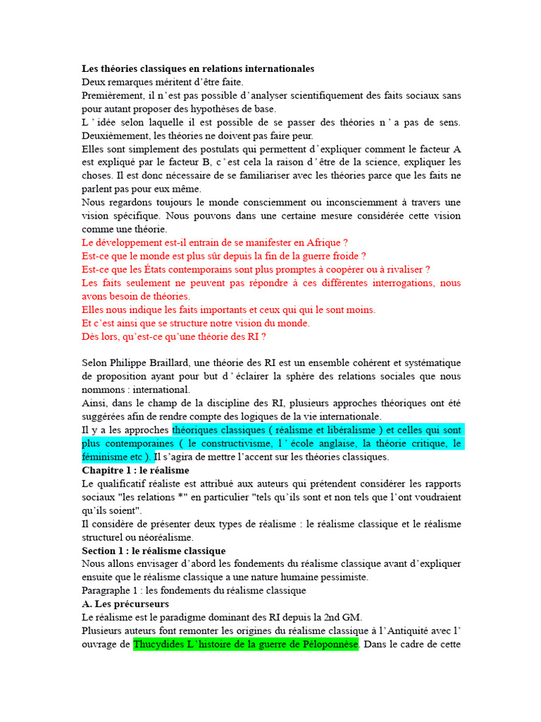 Théories classiques des relations internationales | PDF | État ...