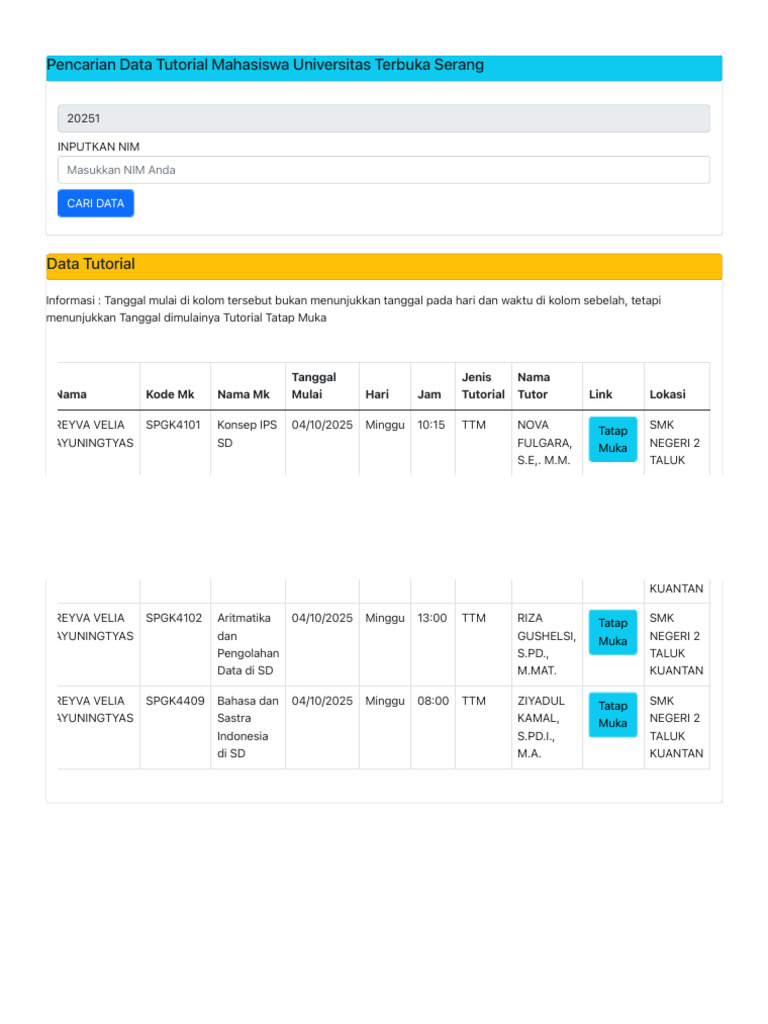 Data Tutorial Mahasiswa UT Serang | PDF