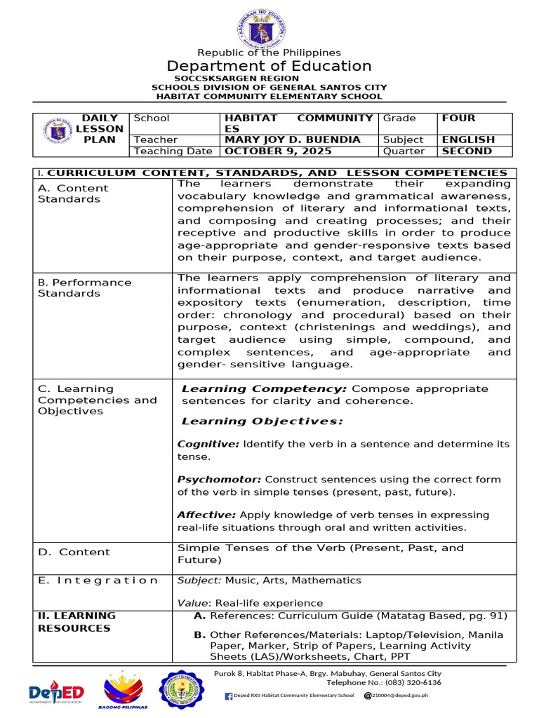 Grade 4 English Lesson Plan on Verbs | PDF | Learning | Curriculum