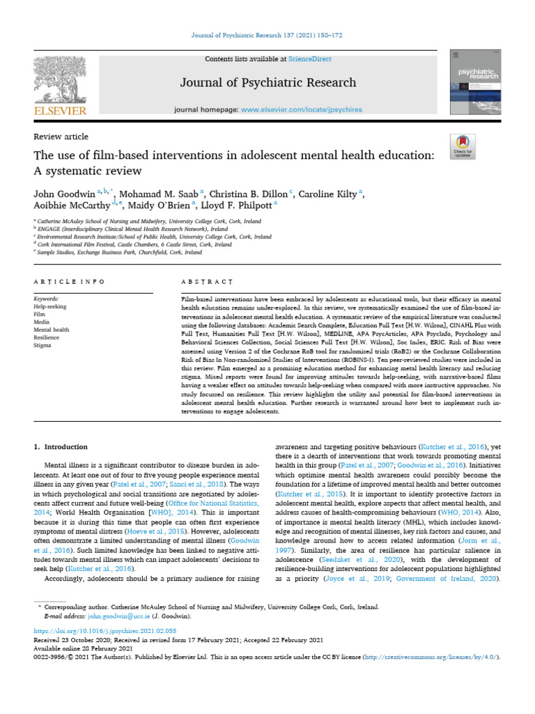 The Use of Film Based Interventions in Adolescent Mental Health ...