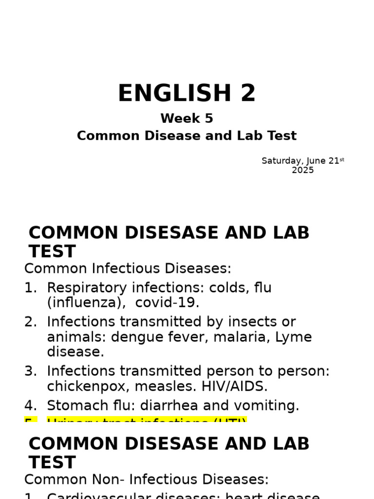 Common Diseases and Lab Tests Overview | PDF