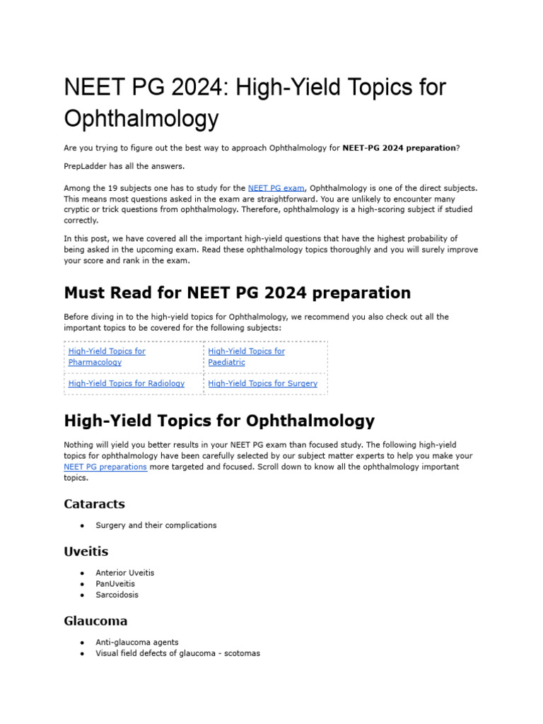 NEET PG 2024 - High-Yield Topics For Ophthalmology | PDF ...