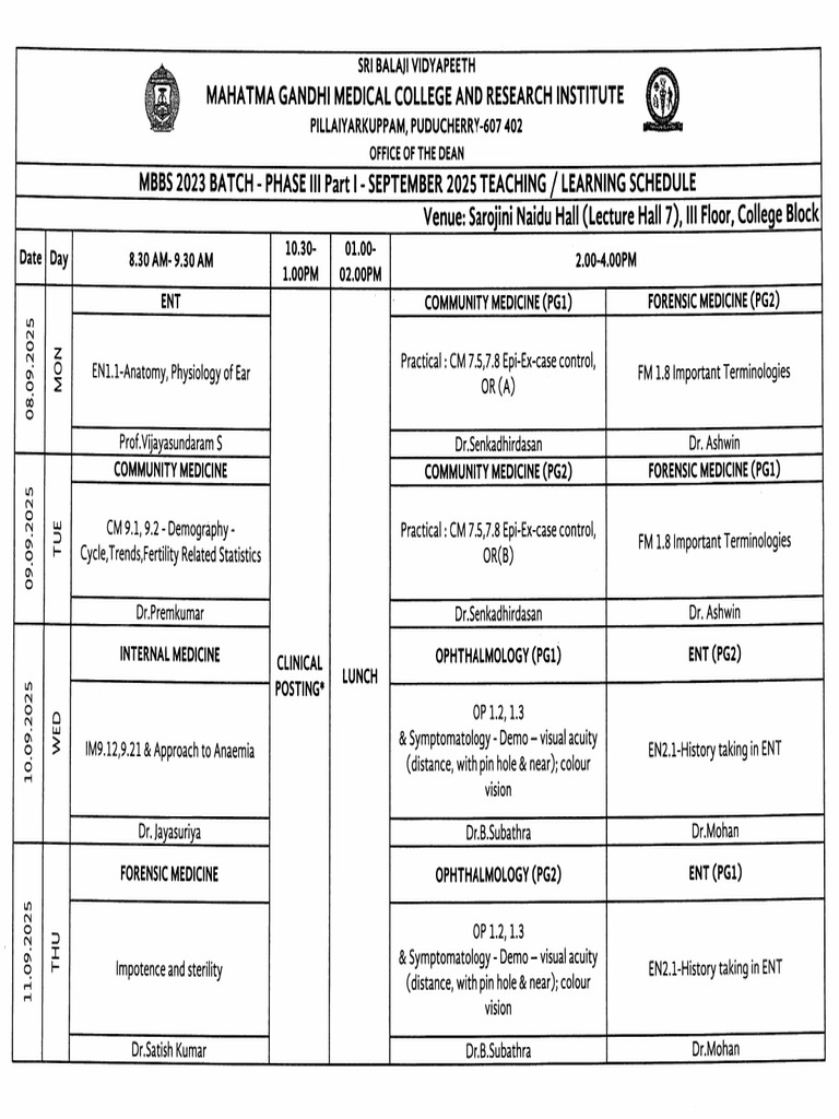 MBBS 2023 Batch Phase III Part I Teaching Schedule | PDF