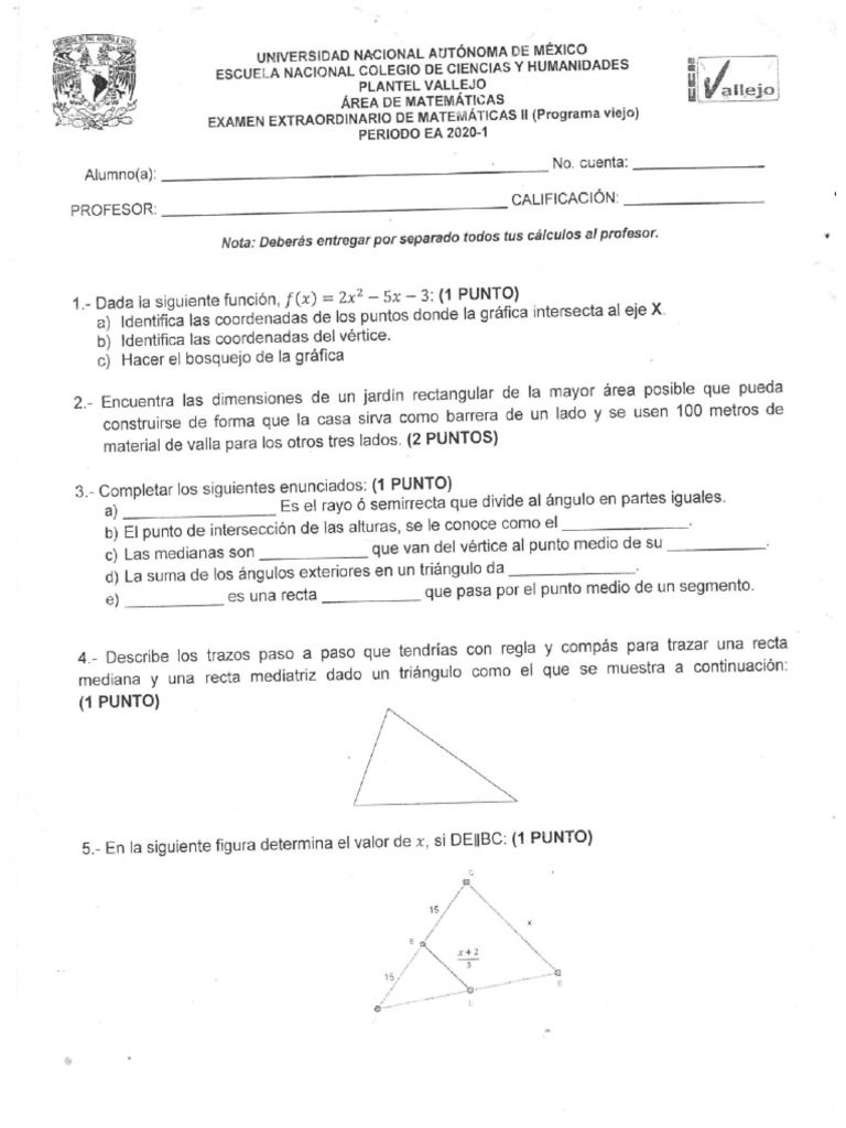 Examen Extraordinario Matemáticas II UNAM | PDF | Triángulo | Rectángulo