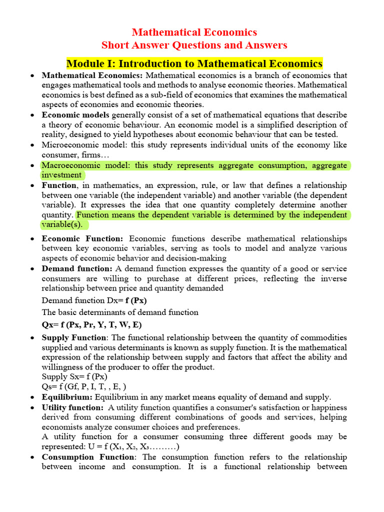 Mathematical Economics Concepts Explained | PDF | Production Function ...