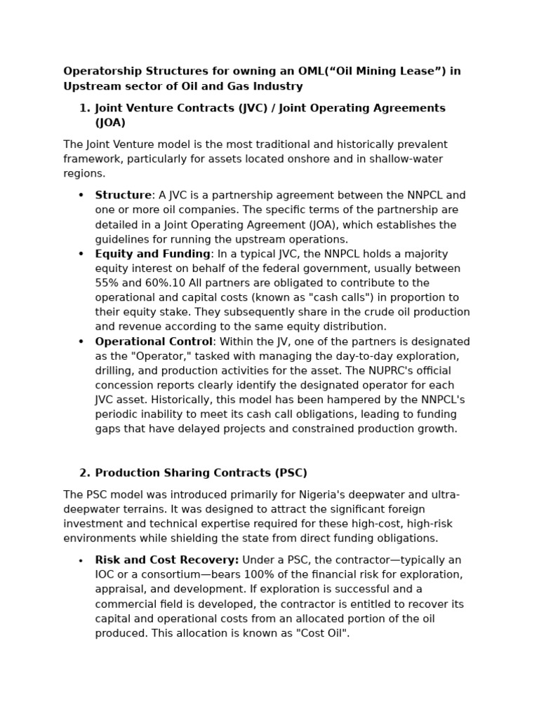 Operatorship Structures in Nigeria's OMLs | PDF | Joint Venture | Exxon ...