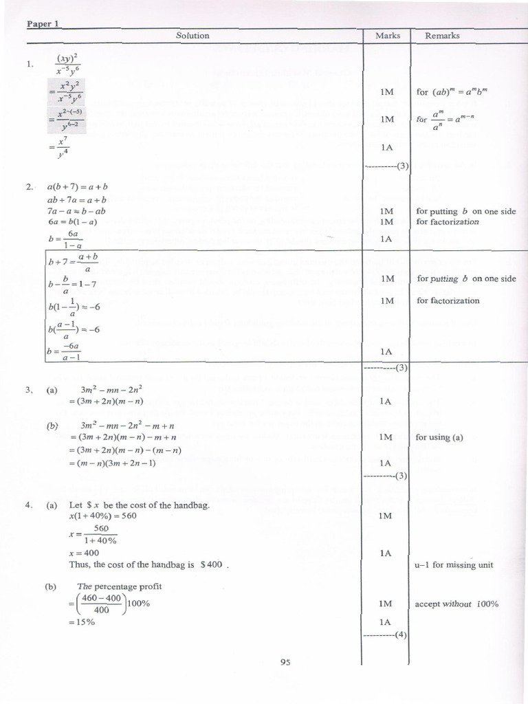 2012 Sample Paper HKDSE Maths Paper1 Ans | PDF