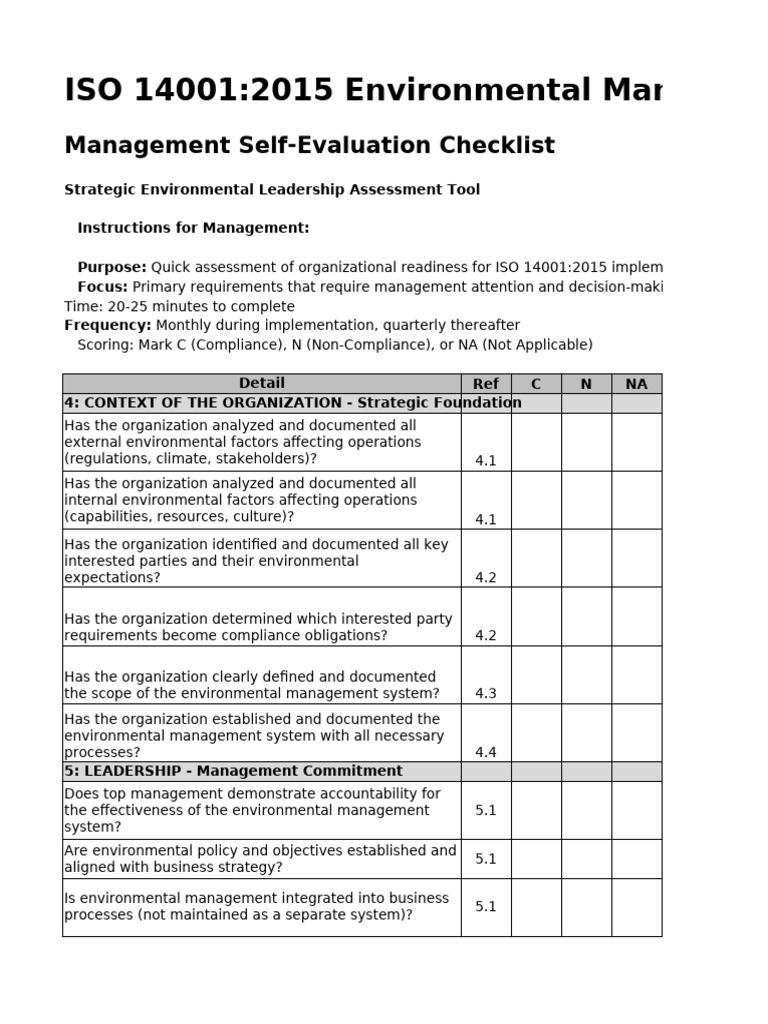 Environmental Leadership Readiness Checklist | PDF | Environmental ...