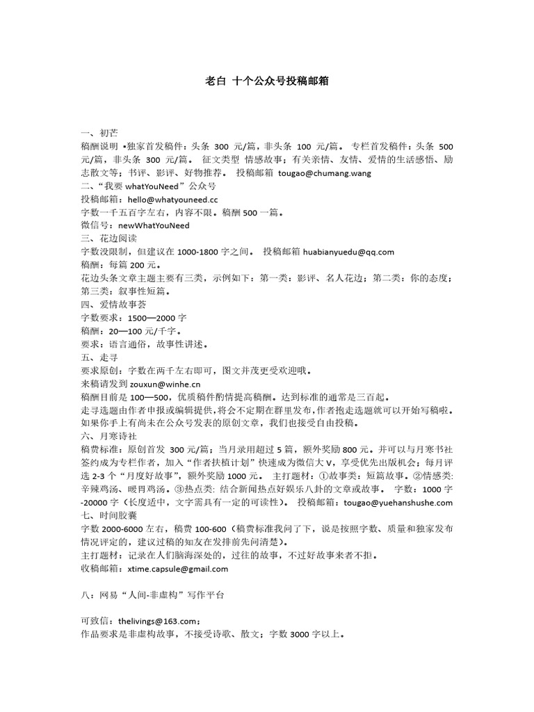 （大号）10个公众号投稿邮箱 | PDF