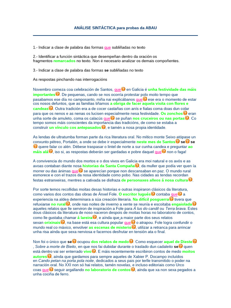 ANÁLISE SINTÁCTICA para Probas Da ABAU Examen 3 2 Bachiller | PDF