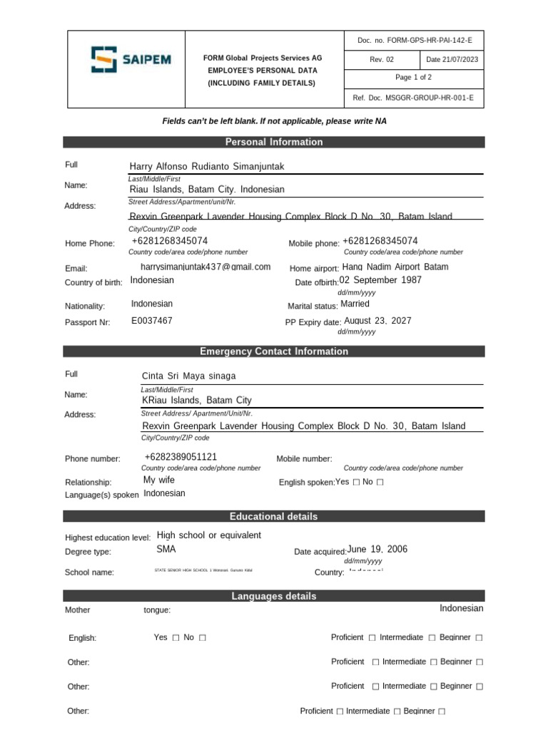 Employee Personal Data Form Template | PDF