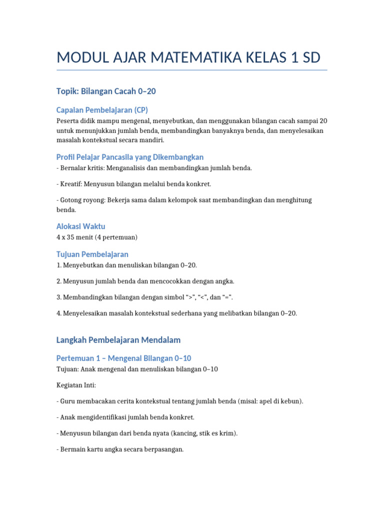 Modul Ajar Matematika Kelas 1 SD Bilangan 0-20 | PDF