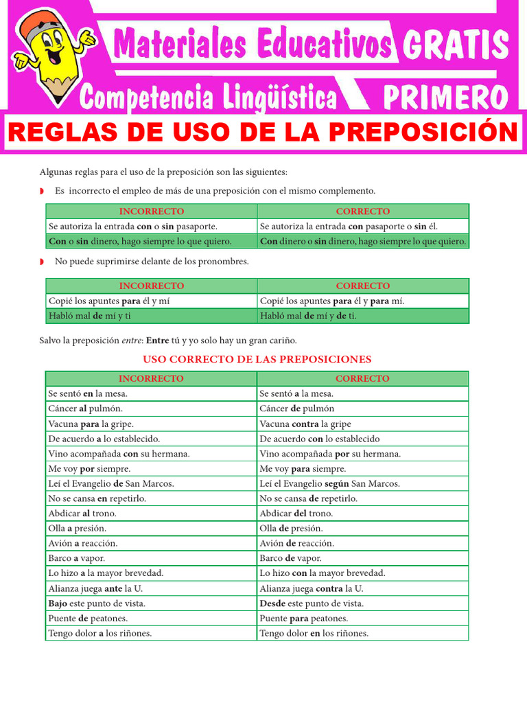Reglas de Uso de La Preposición para Primer Grado de Secundaria | PDF