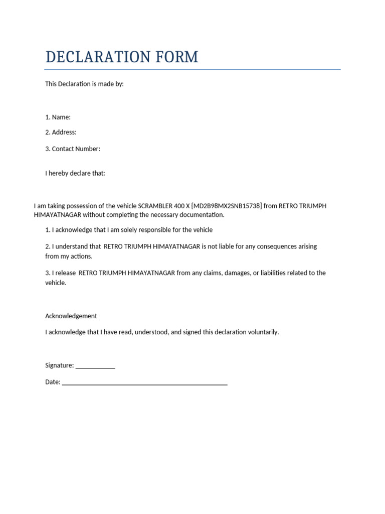 Vehicle Declaration Form for SCRAMBLER 400 X | PDF