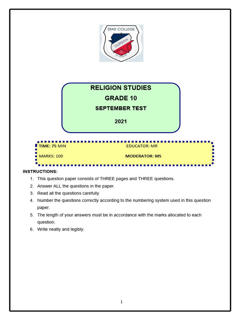 GR 10 R.S Term 3 Test 2019 | PDF | Spirituality