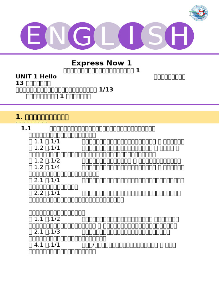 UNIT 1 Hello แผนการจัดการเรียนรู้ที่ 1 | PDF