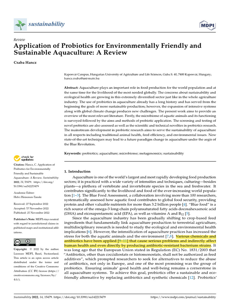 Application of Probiotics For Eco Friendly and Sustainable Aquaculture ...