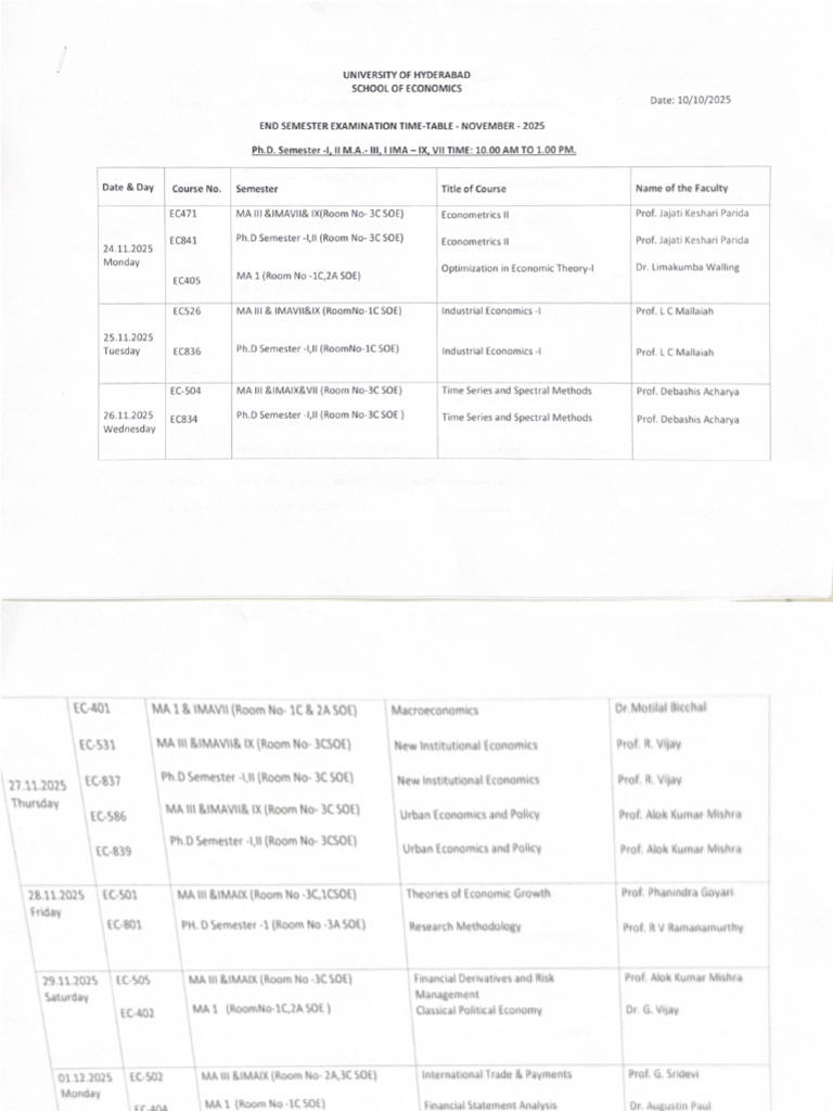 End Semester Time Table 2025 | PDF