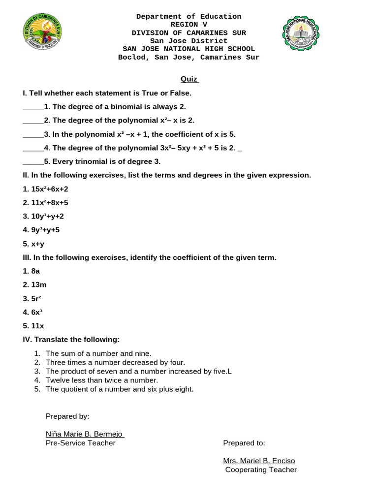 San Jose High School Math Quiz on Polynomials | PDF