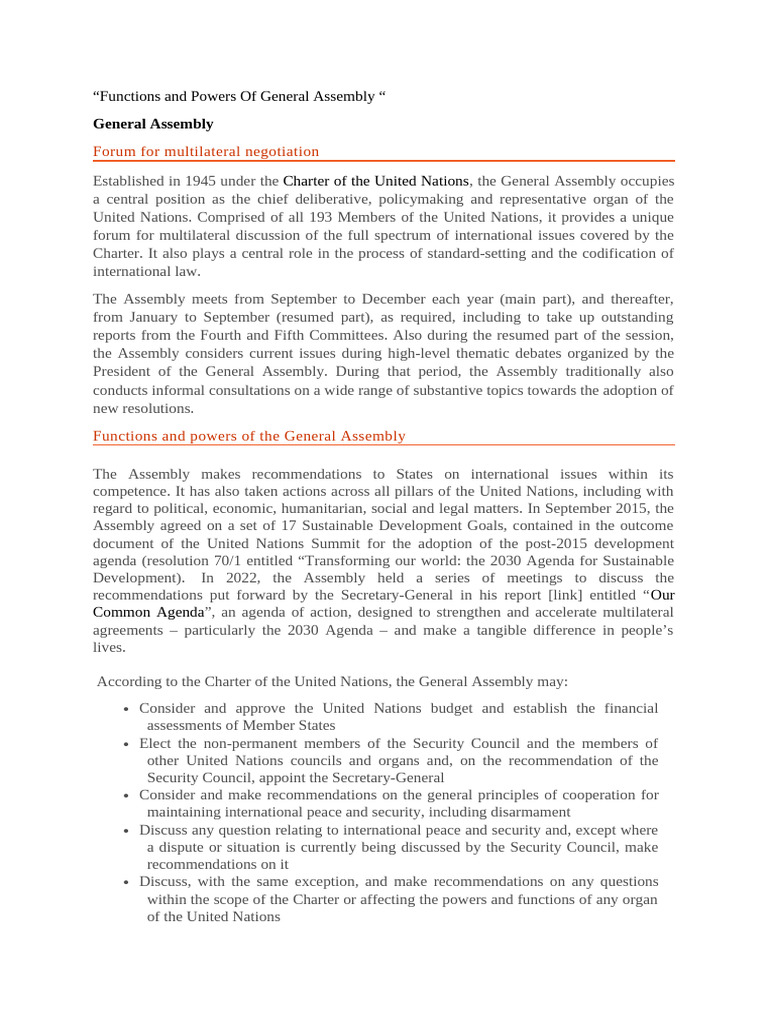 General Assembly Functions and Powers | PDF | United Nations General ...