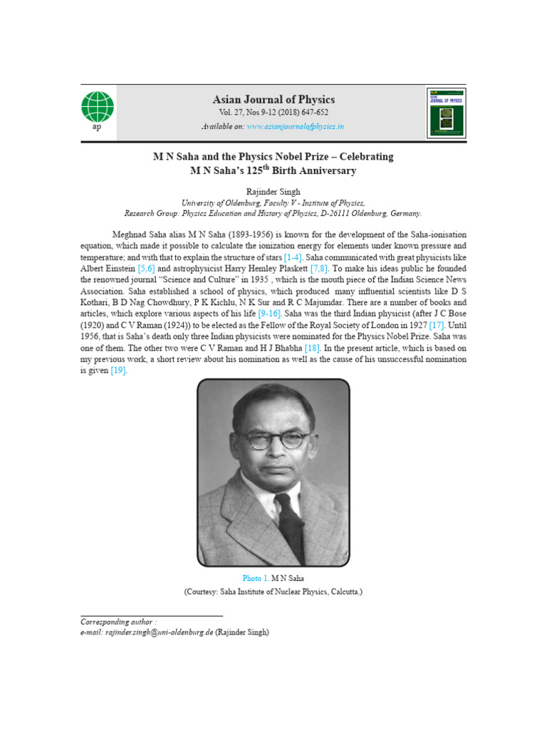 Asian Journal of Physics: M N Saha and The Physics Nobel Prize ...