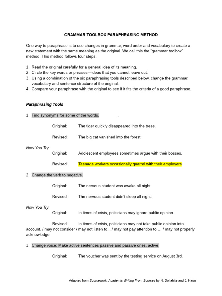 Toolbox Paraphrasing Method 1 ANSWERS | PDF | Phrase | Part Of Speech