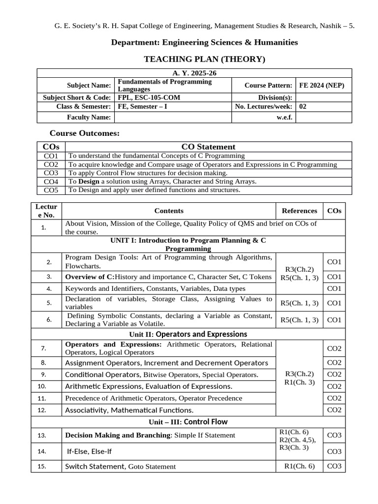 Fundamentals of Programming Languages Teaching Plan | PDF | Variable ...