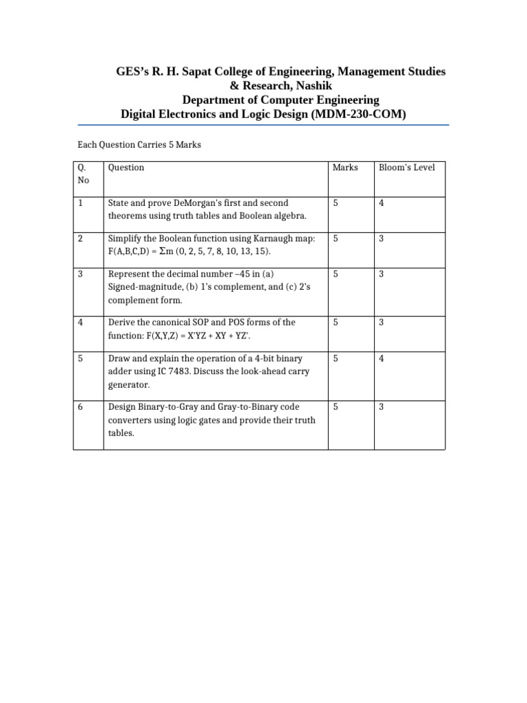Question Paper Comp DELD Units1 2 | PDF
