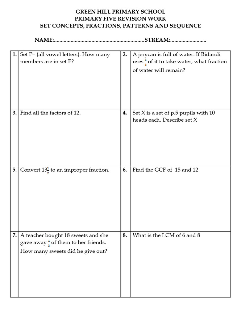 P 5 Mathematics Revision Work Green Hill Primary School | PDF | Chess ...